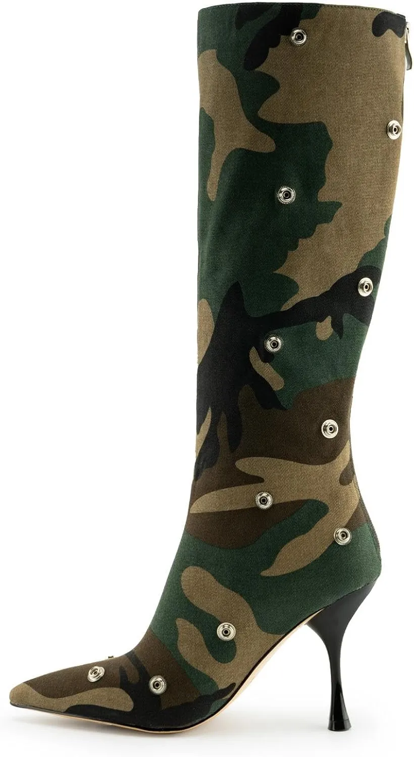 KaroNairy Women Stiletto Knee High Boots Slouch Pointed Toe High Heel Boot Detachable Snap-off Panel Shark Boots