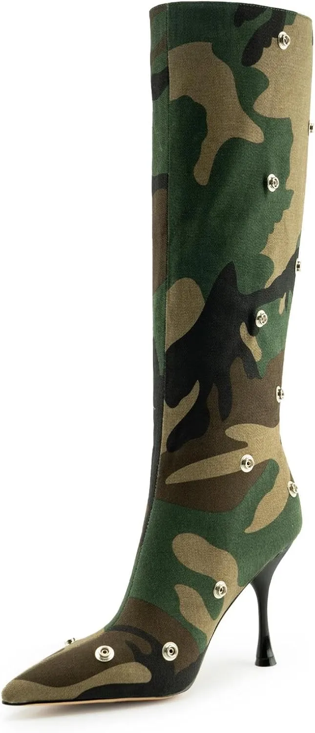 KaroNairy Women Stiletto Knee High Boots Slouch Pointed Toe High Heel Boot Detachable Snap-off Panel Shark Boots
