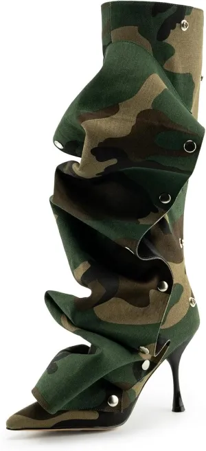 KaroNairy Women Stiletto Knee High Boots Slouch Pointed Toe High Heel Boot Detachable Snap-off Panel Shark Boots