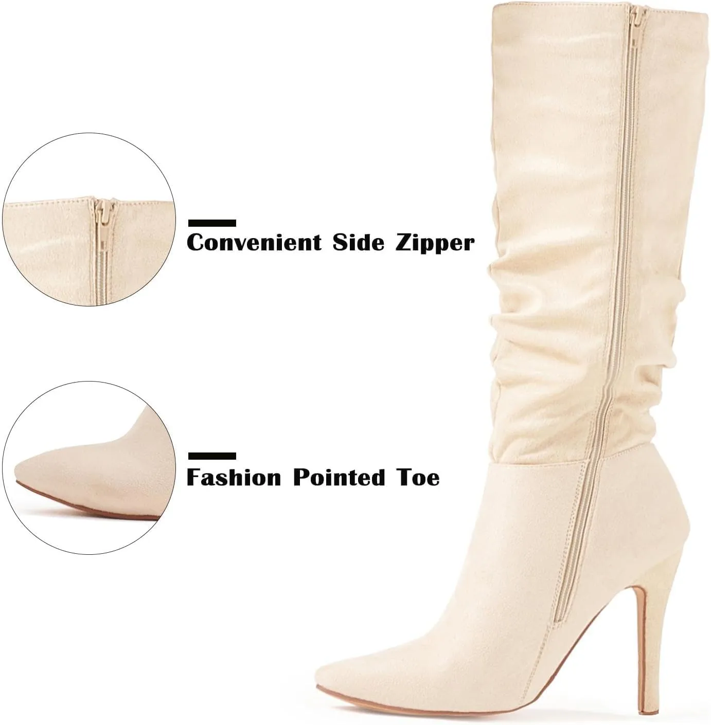 katliu Women Faux Suede Knee High Boots Pointed Toe Stiletto Boot Slouchy Zipper High Heel Boots