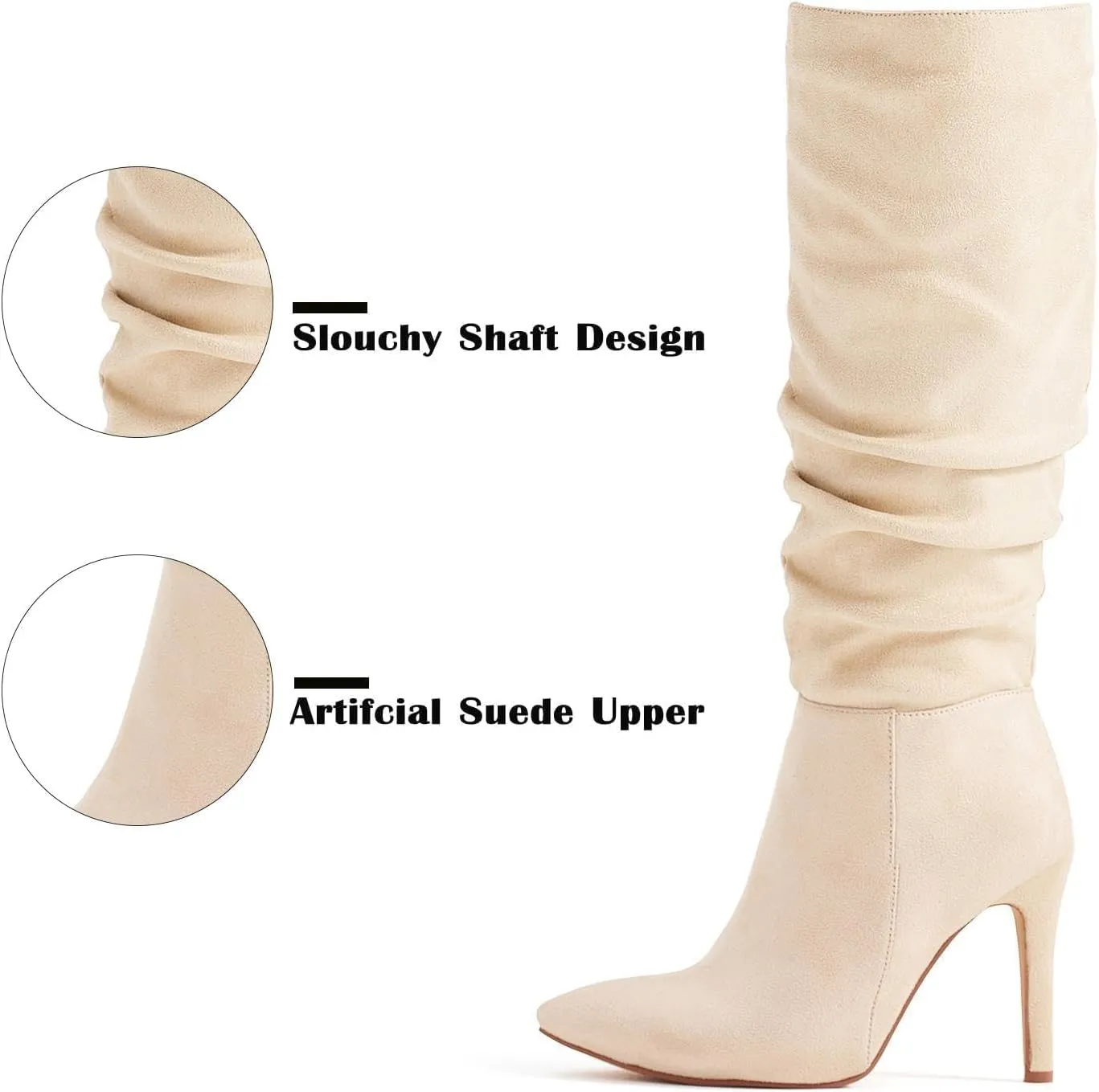 katliu Women Faux Suede Knee High Boots Pointed Toe Stiletto Boot Slouchy Zipper High Heel Boots