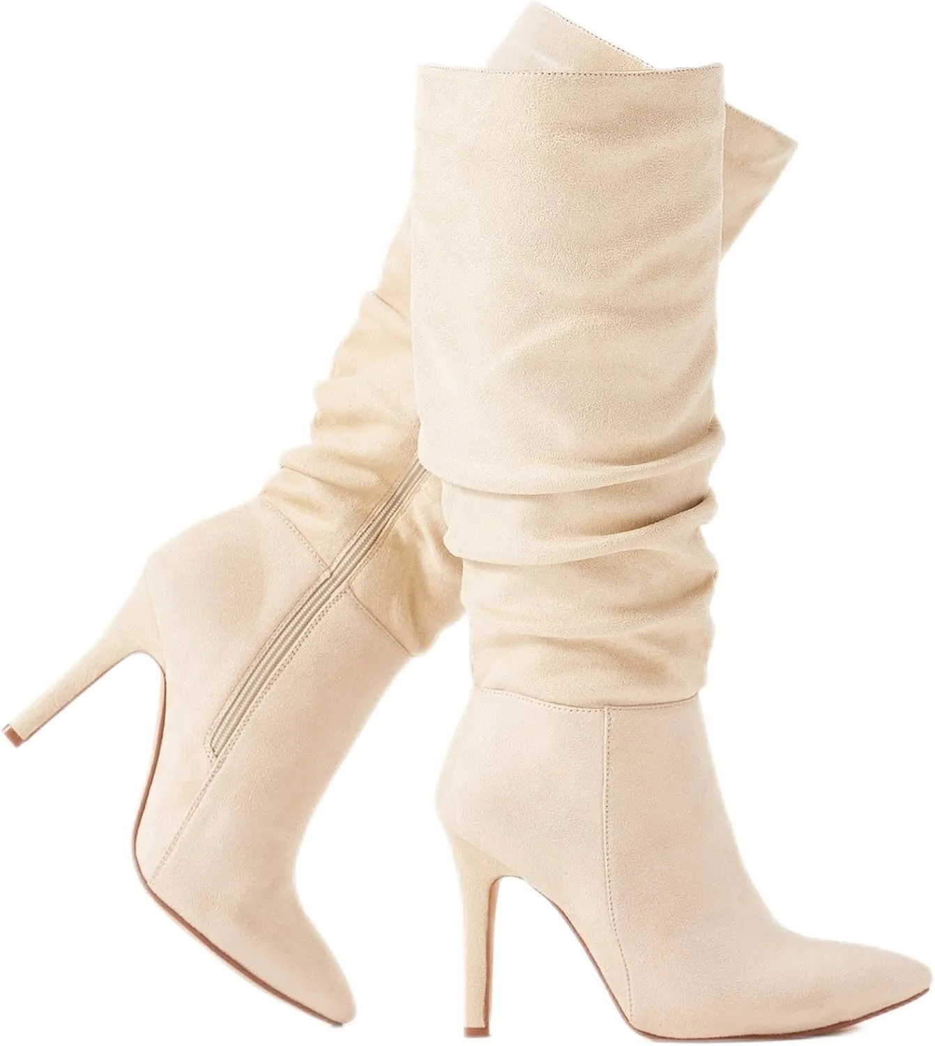 katliu Women Faux Suede Knee High Boots Pointed Toe Stiletto Boot Slouchy Zipper High Heel Boots