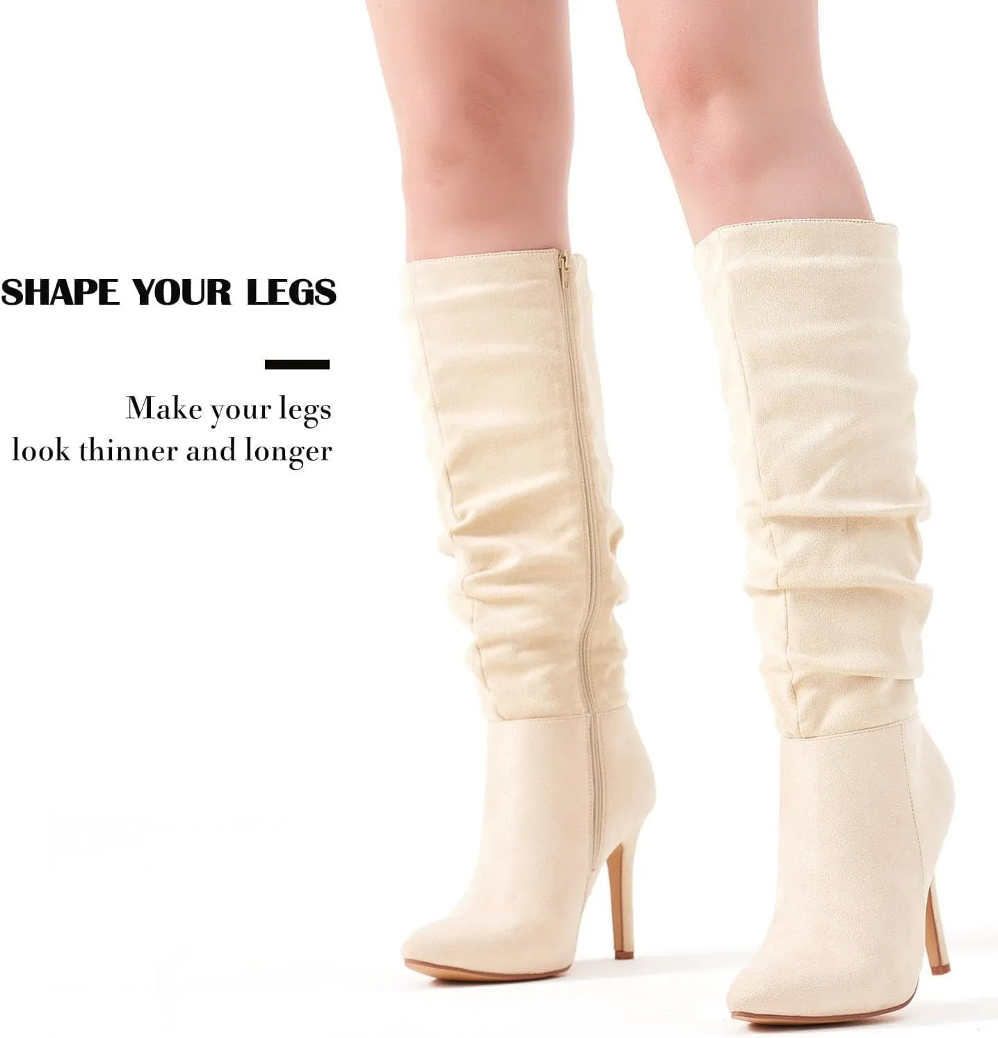 katliu Women Faux Suede Knee High Boots Pointed Toe Stiletto Boot Slouchy Zipper High Heel Boots