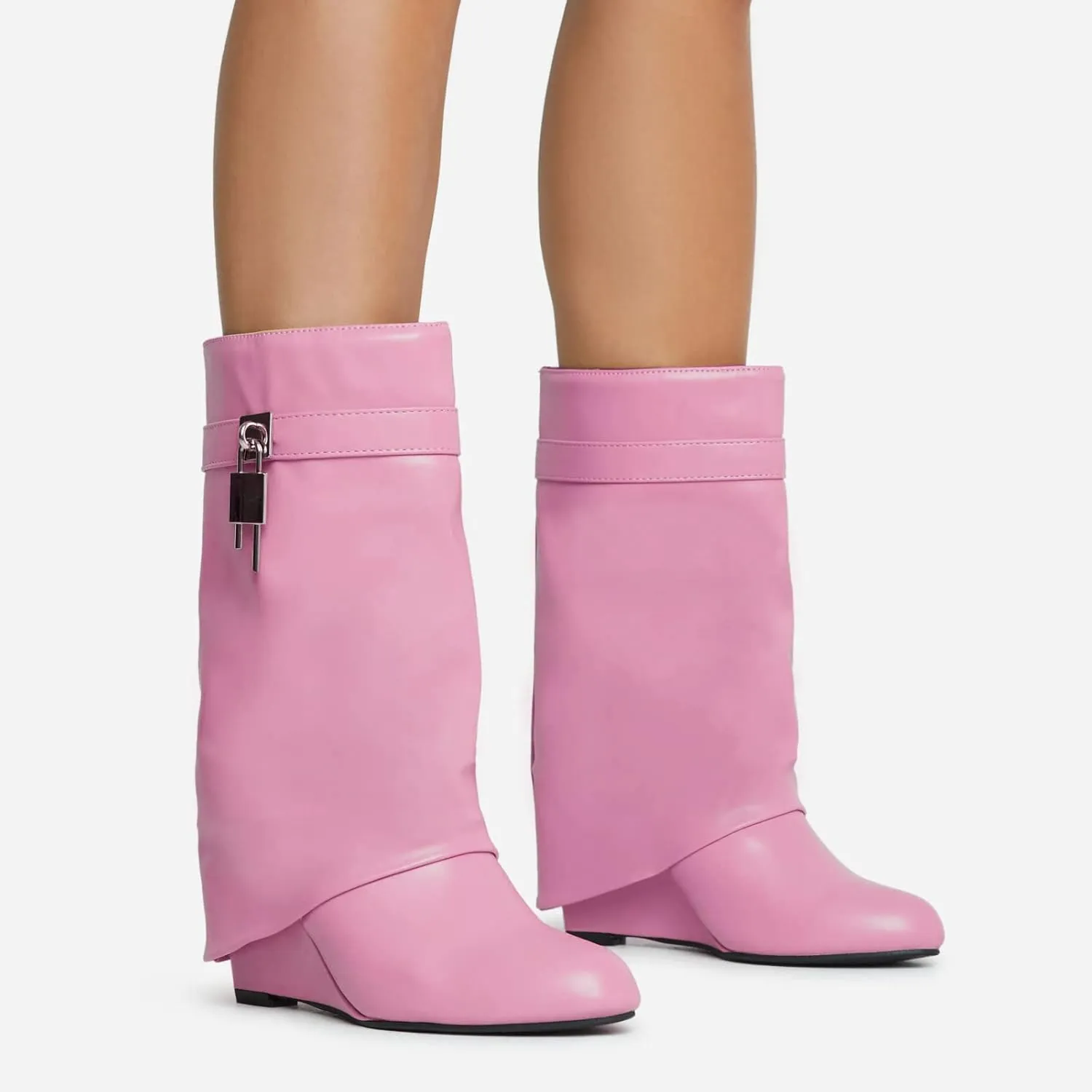 keleimusi Fold Over Wedge Boots Heeled PadLock Pant Knee High Shoes Tall/Short Booties in Black