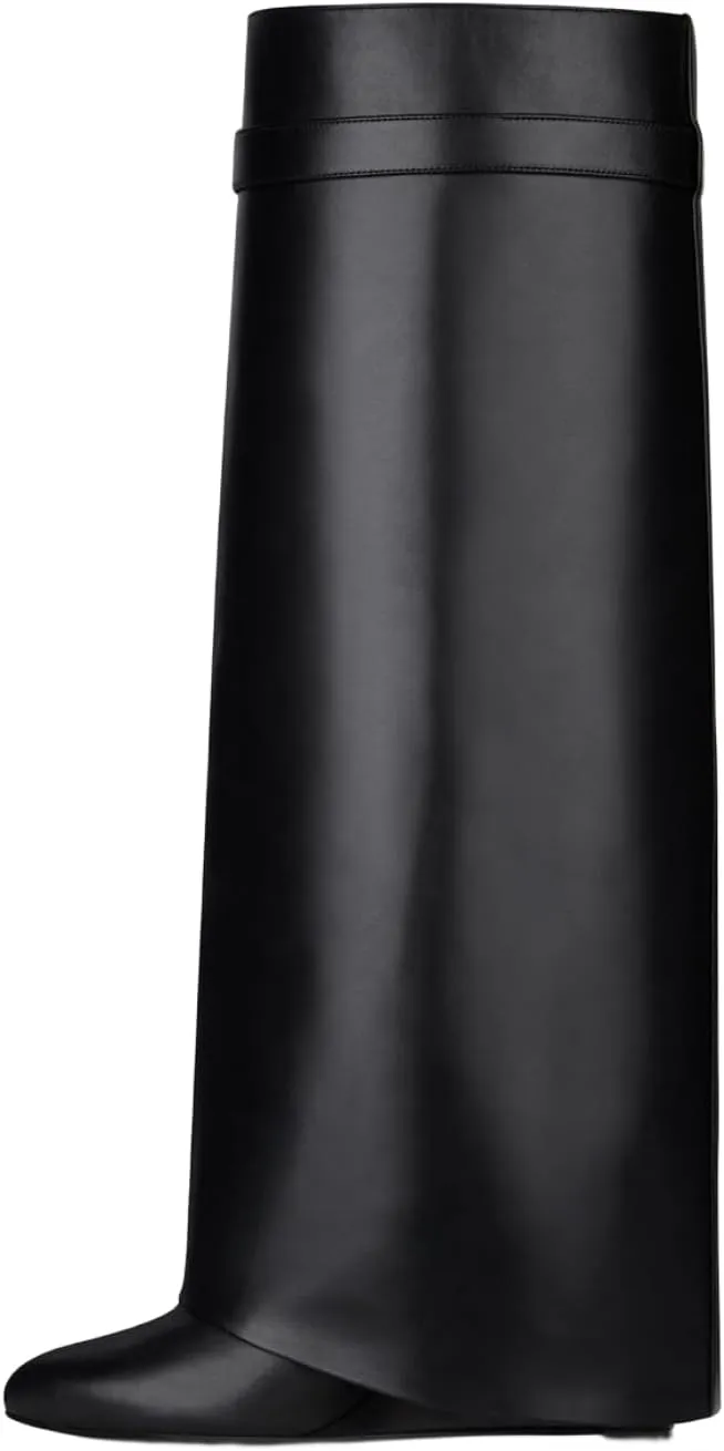 keleimusi Fold Over Wedge Boots Heeled PadLock Pant Knee High Shoes Tall/Short Booties in Black