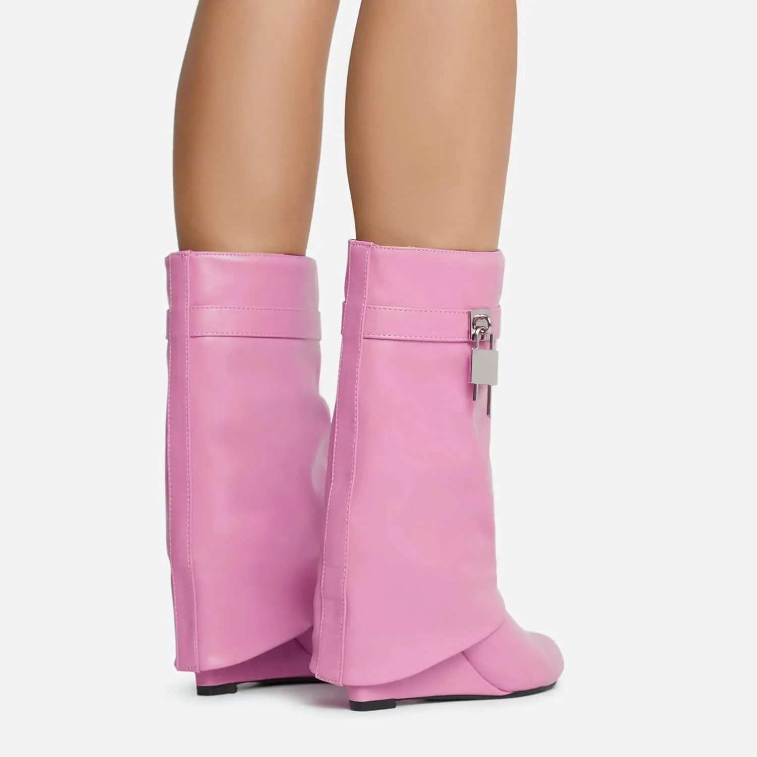 keleimusi Fold Over Wedge Boots Heeled PadLock Pant Knee High Shoes Tall/Short Booties in Black