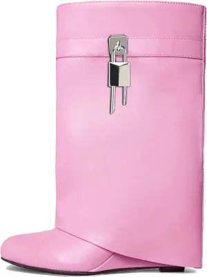 keleimusi Fold Over Wedge Boots Heeled PadLock Pant Knee High Shoes Tall/Short Booties in Black
