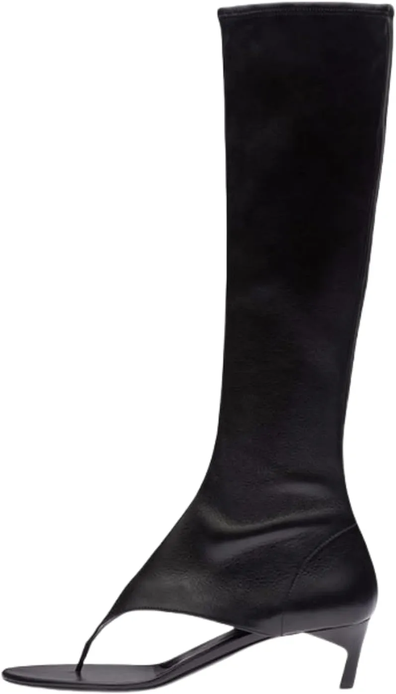 keleimusi Womens Cut Out Thong Heeled Boots Knee High Stretch Stiletto Heels Boot