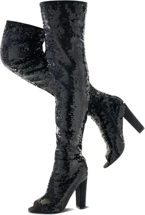 KHPAERMEI Sparkly Thigh High Boots for Women Sexy Sequin Over The Knee High Boots Party Prom Open Toe Chunky High Heels