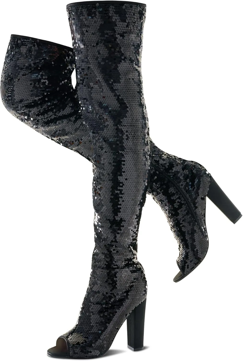 KHPAERMEI Sparkly Thigh High Boots for Women Sexy Sequin Over The Knee High Boots Party Prom Open Toe Chunky High Heels