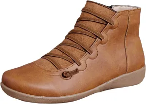 KINOW Arch Support Boots Women Leather Ankle Boots High Top Wedge Bootie Damping Shoes