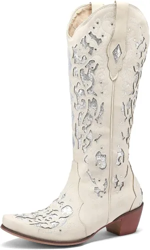 Kluolandi Cowboy Boots for Women Wide Calf Western Knee High Boots with Rhinestone Chunky Heel Embroidered Cowgirl Boots