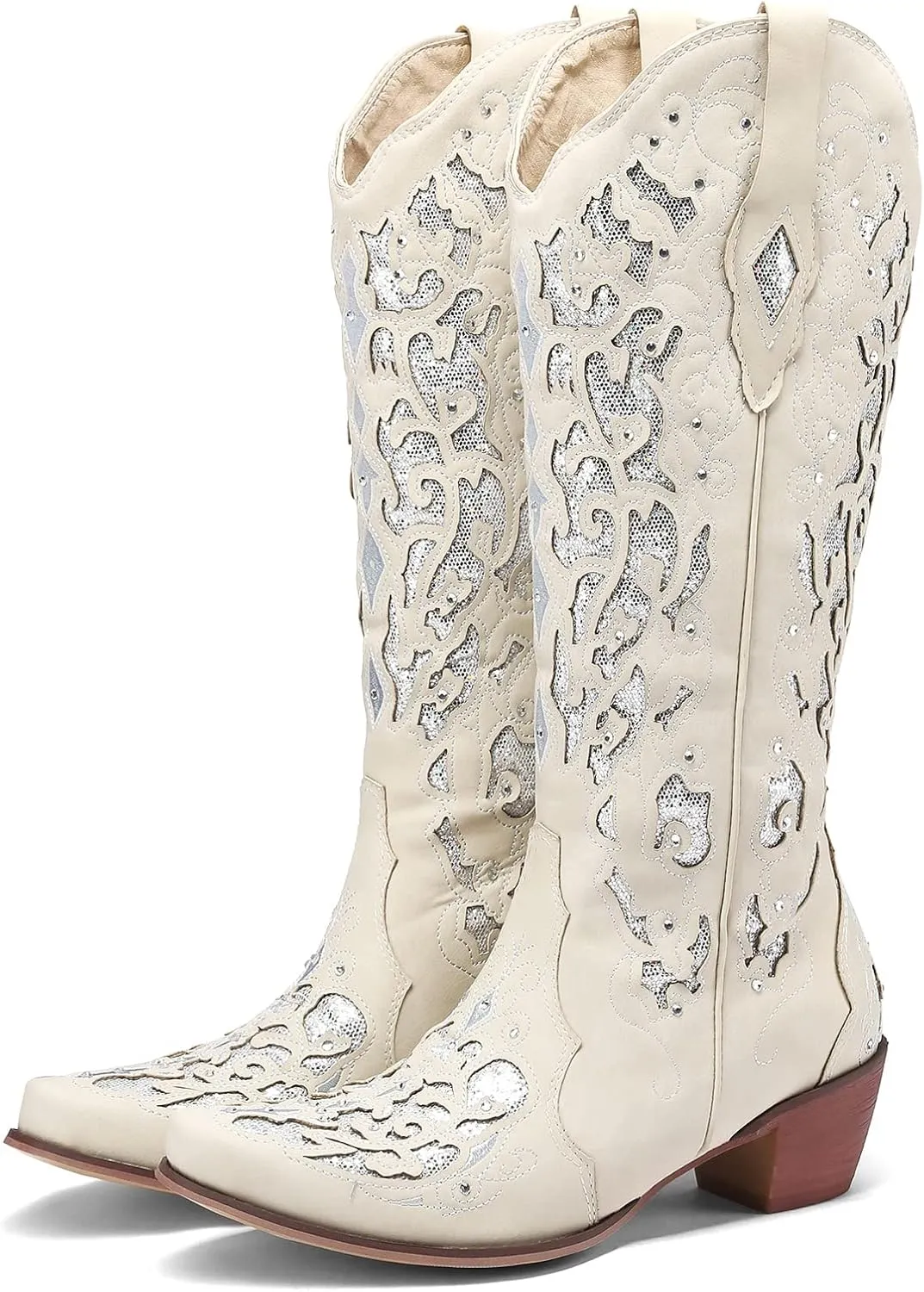 Kluolandi Cowboy Boots for Women Wide Calf Western Knee High Boots with Rhinestone Chunky Heel Embroidered Cowgirl Boots