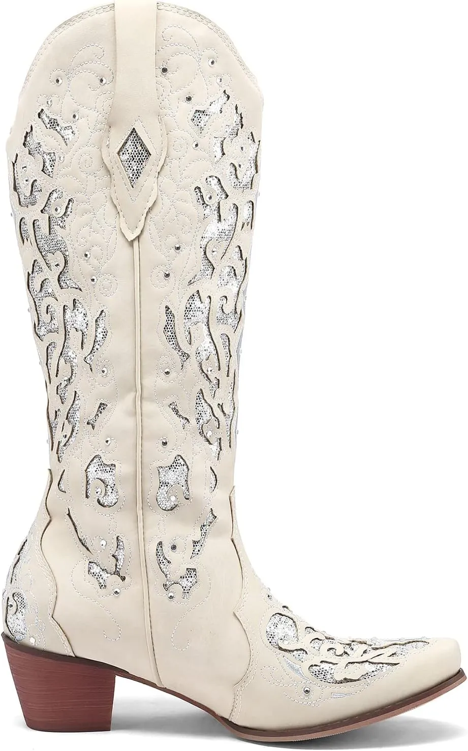 Kluolandi Cowboy Boots for Women Wide Calf Western Knee High Boots with Rhinestone Chunky Heel Embroidered Cowgirl Boots