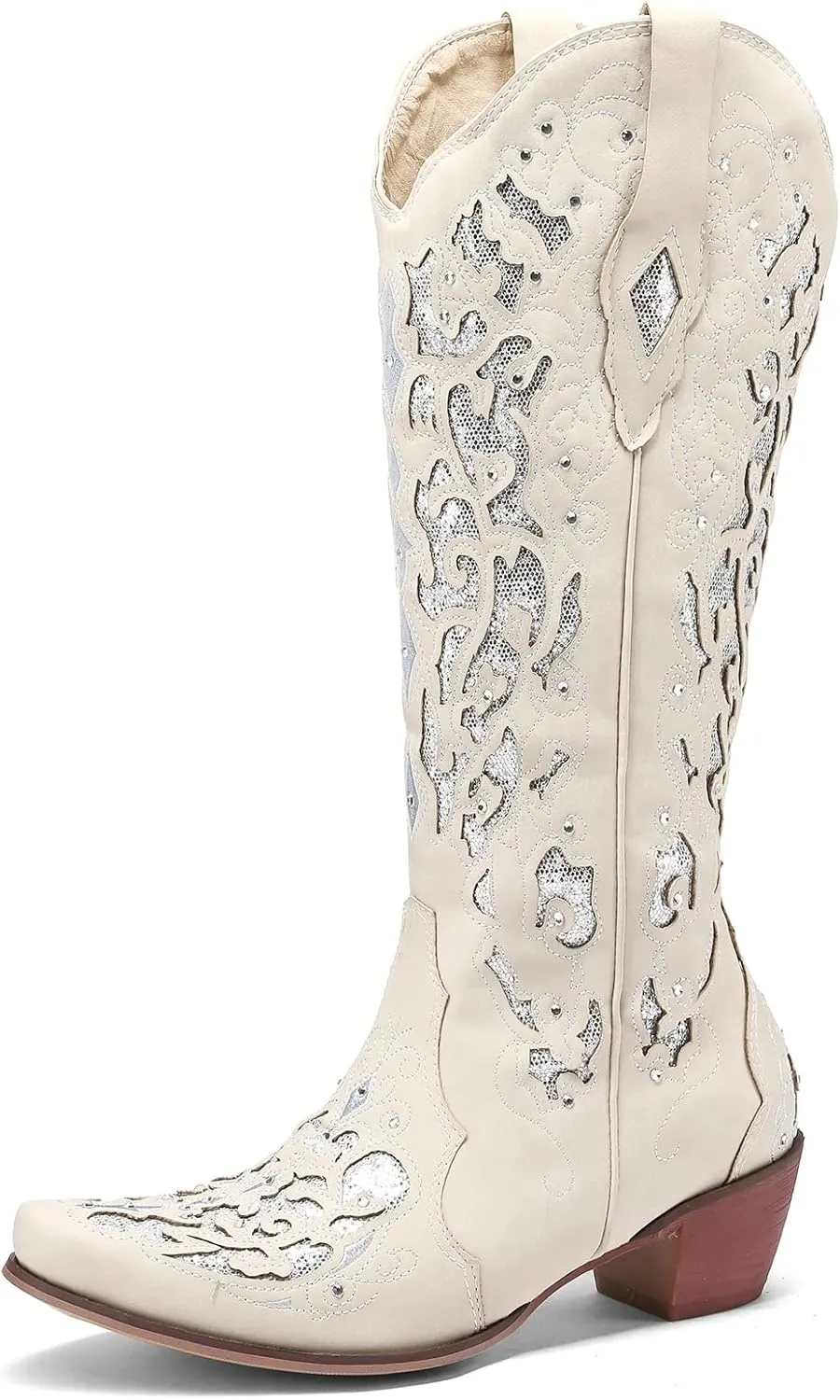 Kluolandi Cowboy Boots for Women Wide Calf Western Knee High Boots with Rhinestone Chunky Heel Embroidered Cowgirl Boots