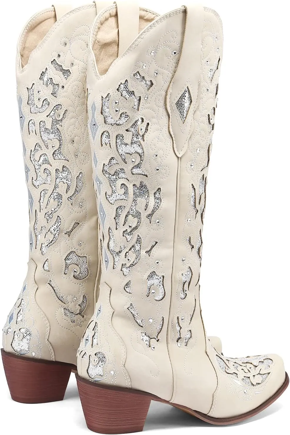 Kluolandi Cowboy Boots for Women Wide Calf Western Knee High Boots with Rhinestone Chunky Heel Embroidered Cowgirl Boots