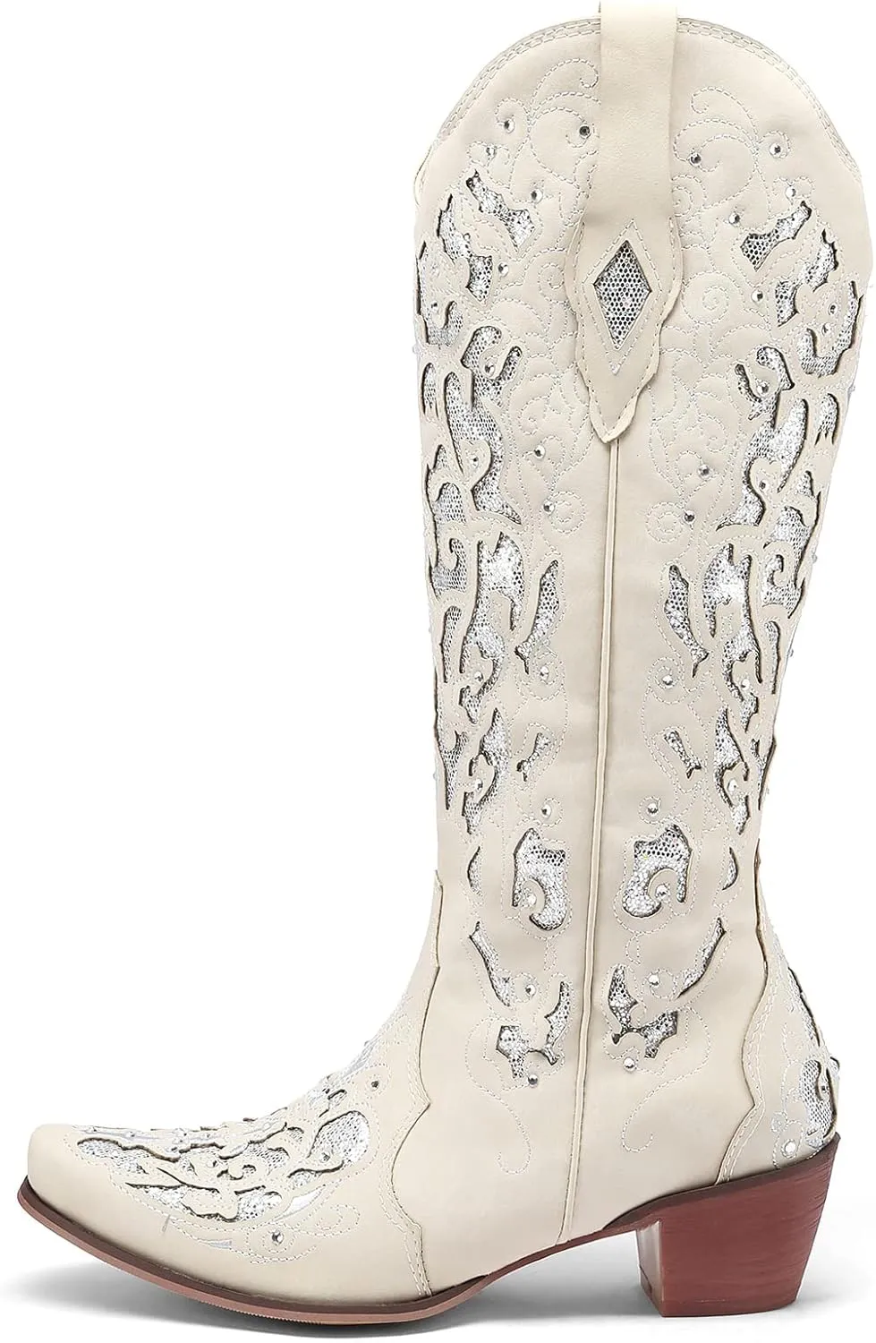 Kluolandi Cowboy Boots for Women Wide Calf Western Knee High Boots with Rhinestone Chunky Heel Embroidered Cowgirl Boots