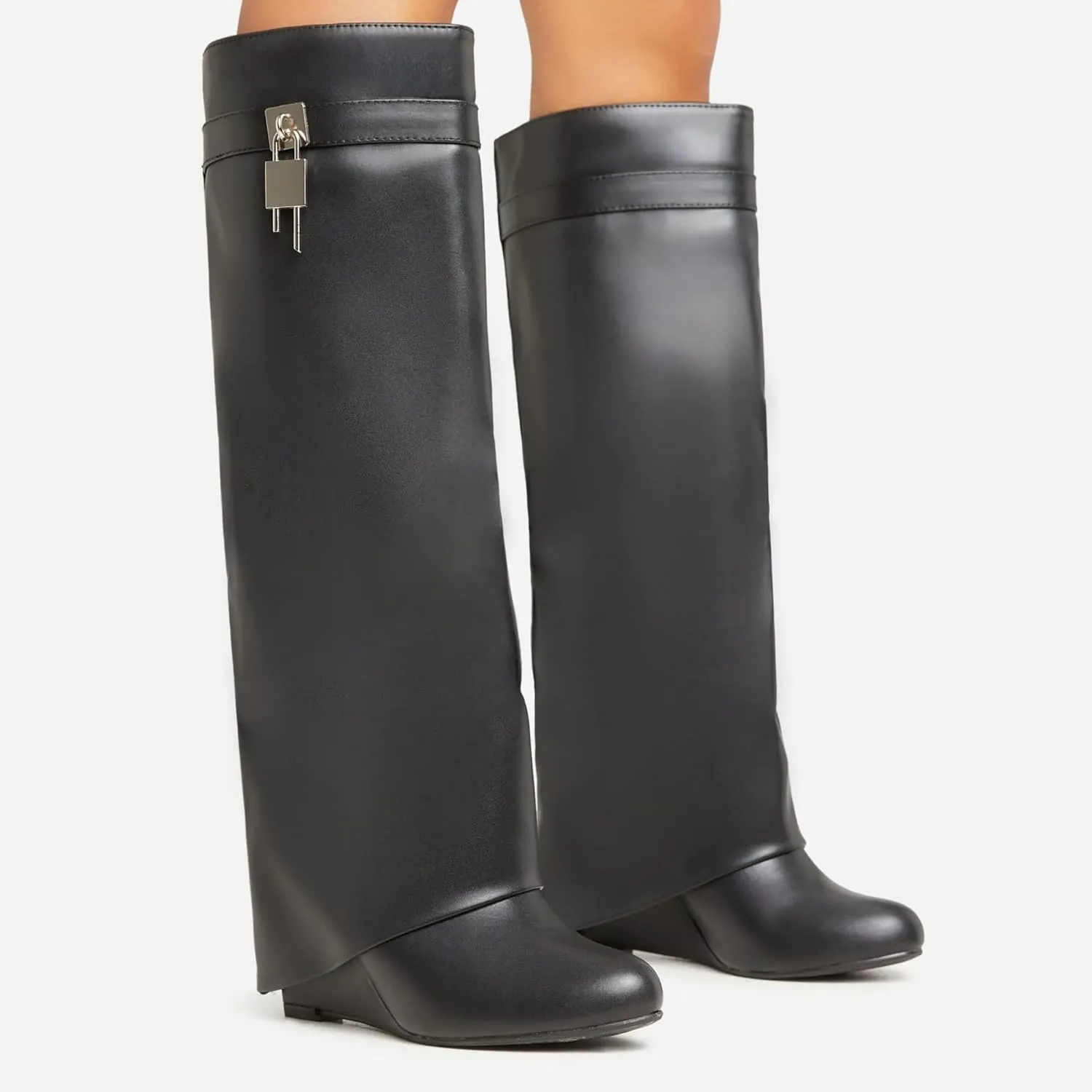 Kluolandi Women's Fold Over Knee High Boots with Metal Padlock Covered Wedge Heel Wide Calf Pull On Boots