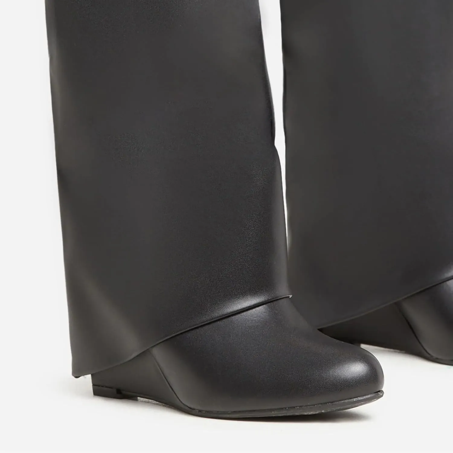 Kluolandi Women's Fold Over Knee High Boots with Metal Padlock Covered Wedge Heel Wide Calf Pull On Boots