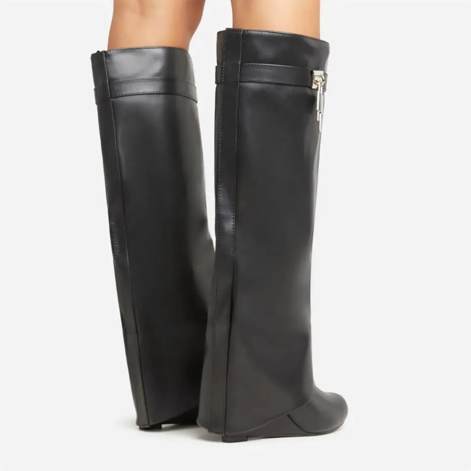 Kluolandi Women's Fold Over Knee High Boots with Metal Padlock Covered Wedge Heel Wide Calf Pull On Boots