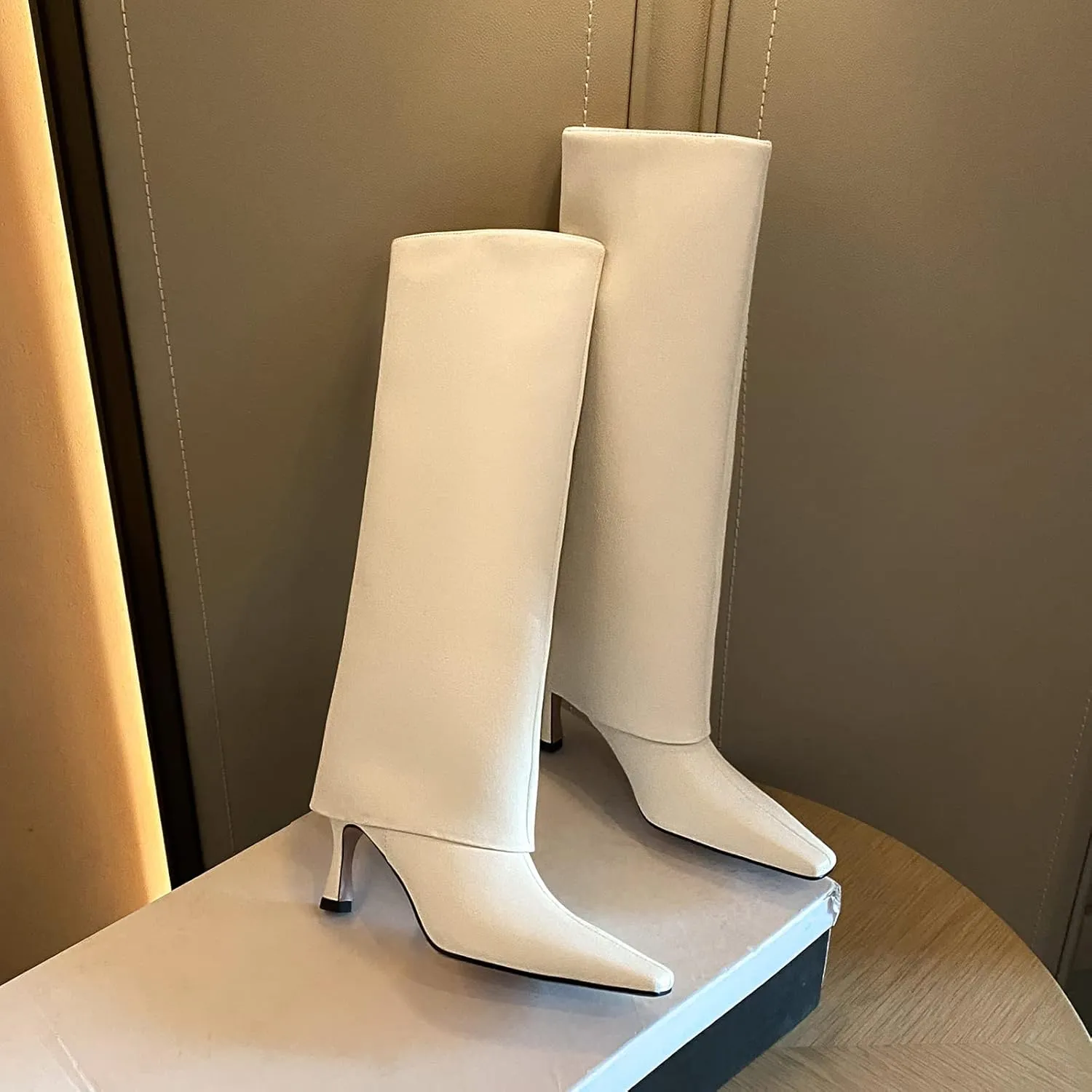 Kluolandi Women's Stiletto High Heel Knee High Boots Pointed Toe Fold Over Boots for Women Knee High Dress Shoes
