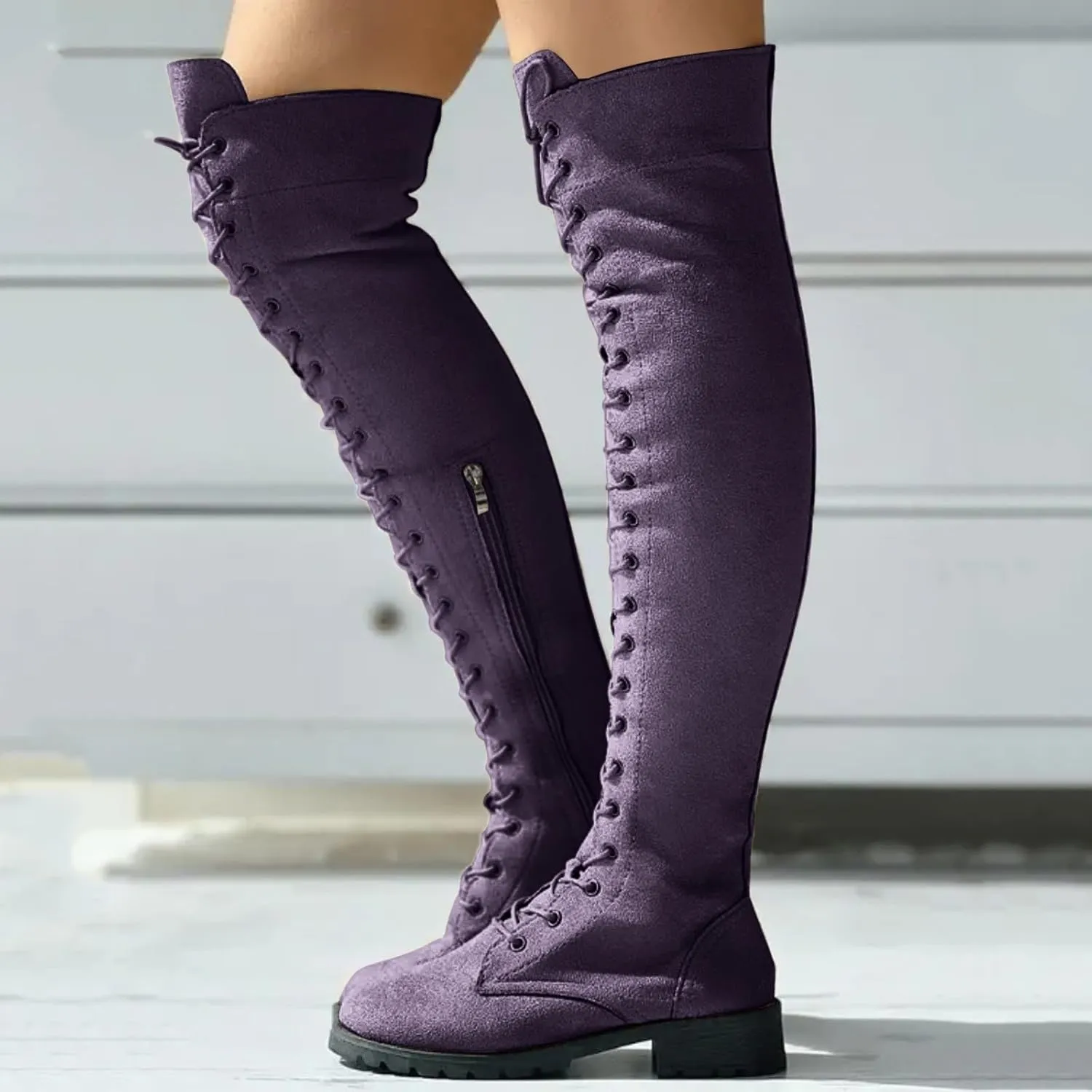 Knee Boots for Women Lace Up Over The Knee Boots Round Toe Low Heel Side Zipper Boots Fashion Thigh High Boots