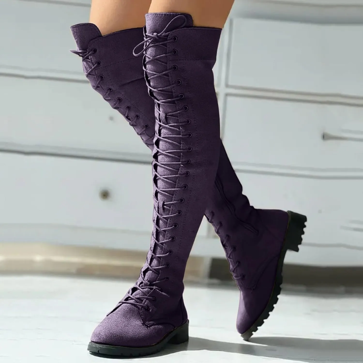Knee Boots for Women Lace Up Over The Knee Boots Round Toe Low Heel Side Zipper Boots Fashion Thigh High Boots