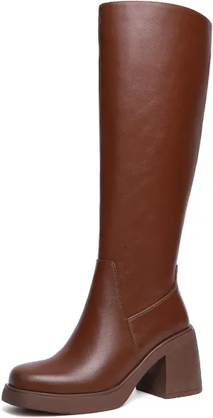 Knee High Boots for Women Square Toe Tall Boots Chunky Heeled Fashion High Boots with Side Zipper