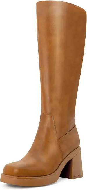 Knee High Boots for Women Square Toe Tall Boots Chunky Heeled Fashion High Boots with Side Zipper