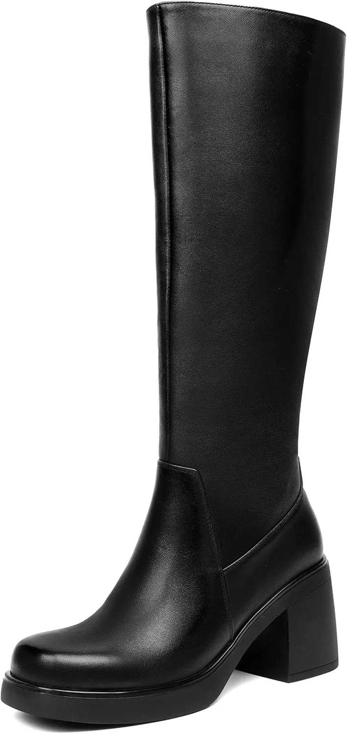 Knee High Boots for Women Square Toe Tall Boots Chunky Heeled Fashion High Boots with Side Zipper