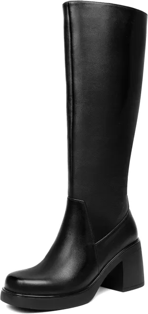 Knee High Boots for Women Square Toe Tall Boots Chunky Heeled Fashion High Boots with Side Zipper