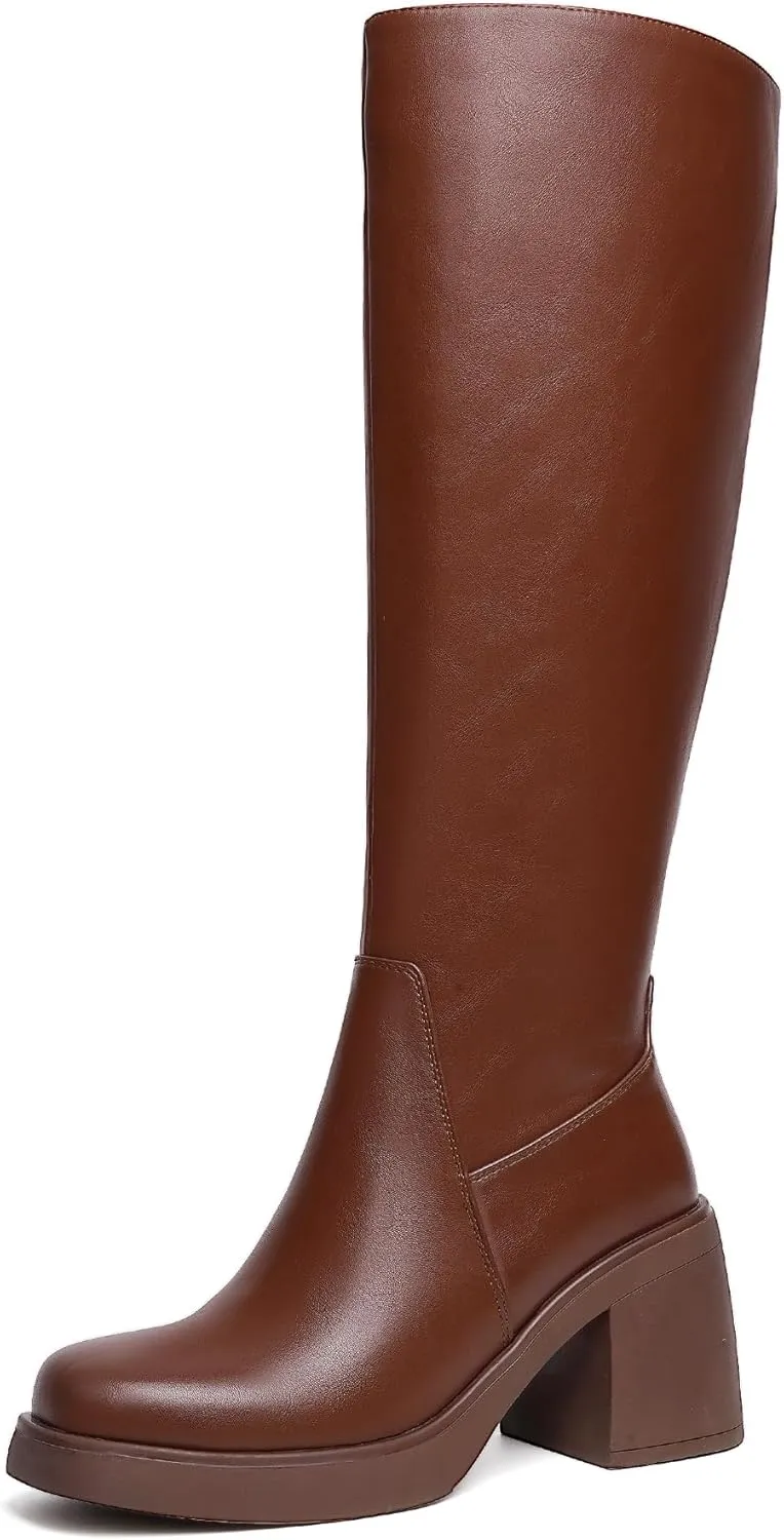 Knee High Boots for Women Square Toe Tall Boots Chunky Heeled Fashion High Boots with Side Zipper