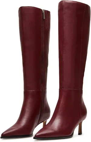 Knee High Boots Women 2.8 In Stiletto Boots for Women High Heel Faux Leather Pointed Toe Side Zipper Dress Kitten Heel