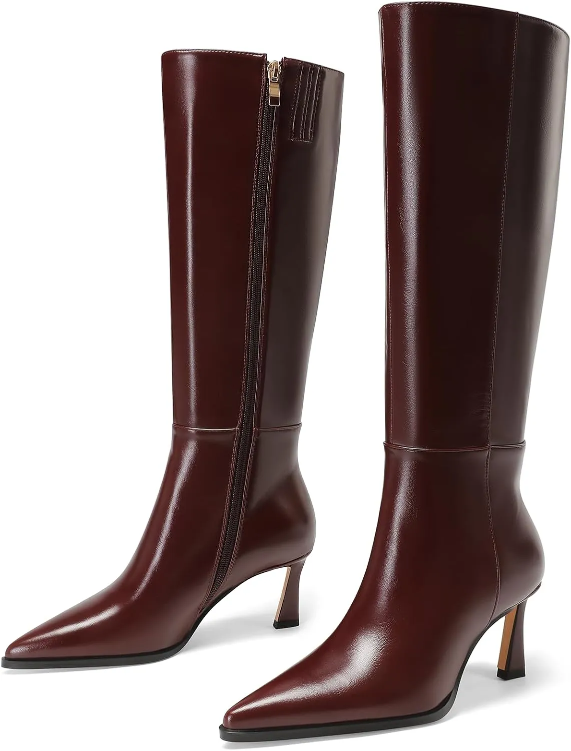Knee High Boots Women 2.8 In Stiletto Boots for Women High Heel Faux Leather Pointed Toe Side Zipper Dress Kitten Heel