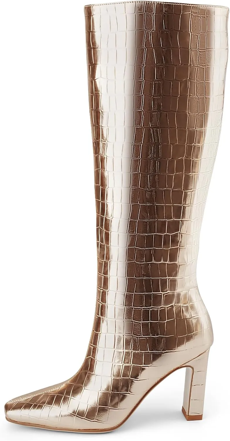Knee High Boots Women Black Long Boots Slip on Tall Boots Chunky High Heel Square Toe Crocodile Pattern Leather Boots with Side Zipper for Ladies Sexy
