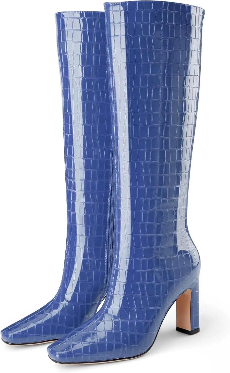 Knee High Boots Women Black Long Boots Slip on Tall Boots Chunky High Heel Square Toe Crocodile Pattern Leather Boots with Side Zipper for Ladies Sexy