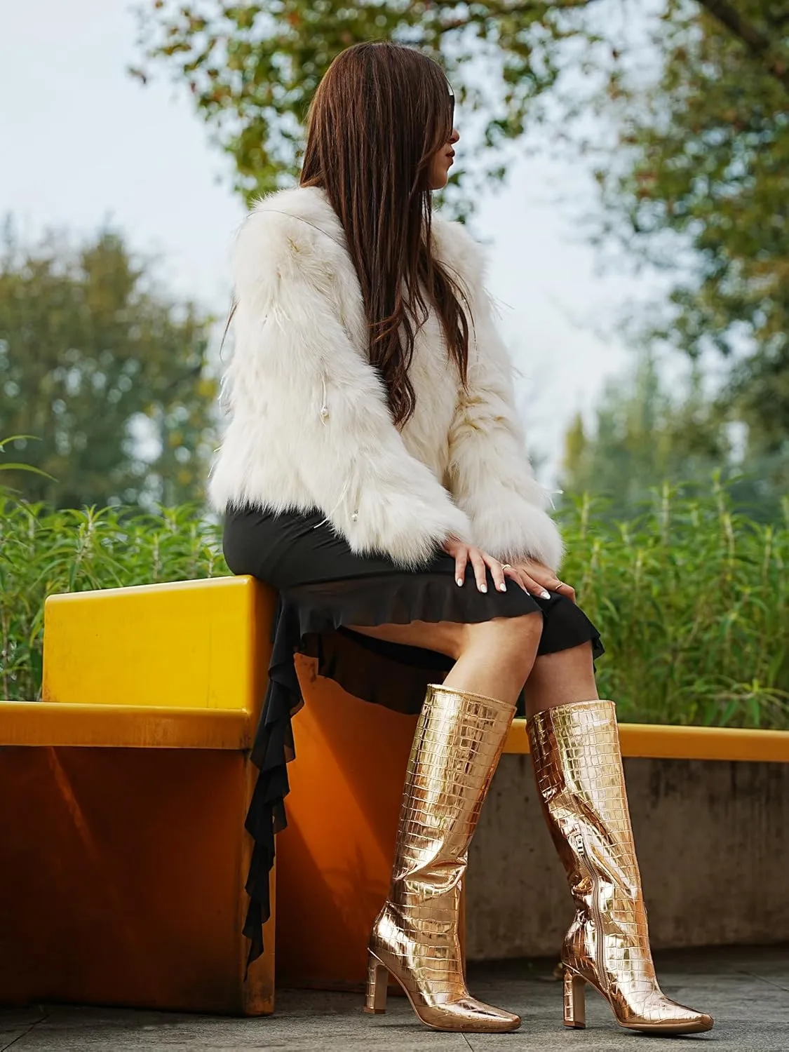 Knee High Boots Women Black Long Boots Slip on Tall Boots Chunky High Heel Square Toe Crocodile Pattern Leather Boots with Side Zipper for Ladies Sexy