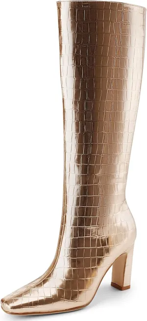 Knee High Boots Women Black Long Boots Slip on Tall Boots Chunky High Heel Square Toe Crocodile Pattern Leather Boots with Side Zipper for Ladies Sexy