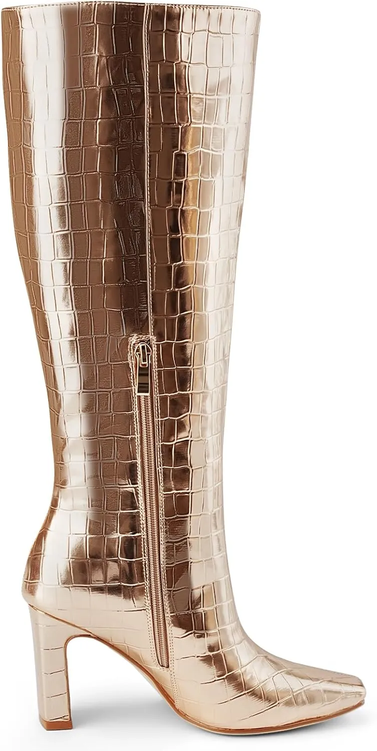 Knee High Boots Women Black Long Boots Slip on Tall Boots Chunky High Heel Square Toe Crocodile Pattern Leather Boots with Side Zipper for Ladies Sexy