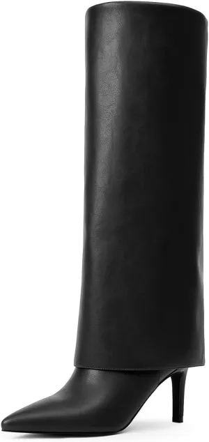 Knee High Boots Women Fold Over Boots Pointed Toe Stiletto Heel Long Shark Tall Boots with Zipper