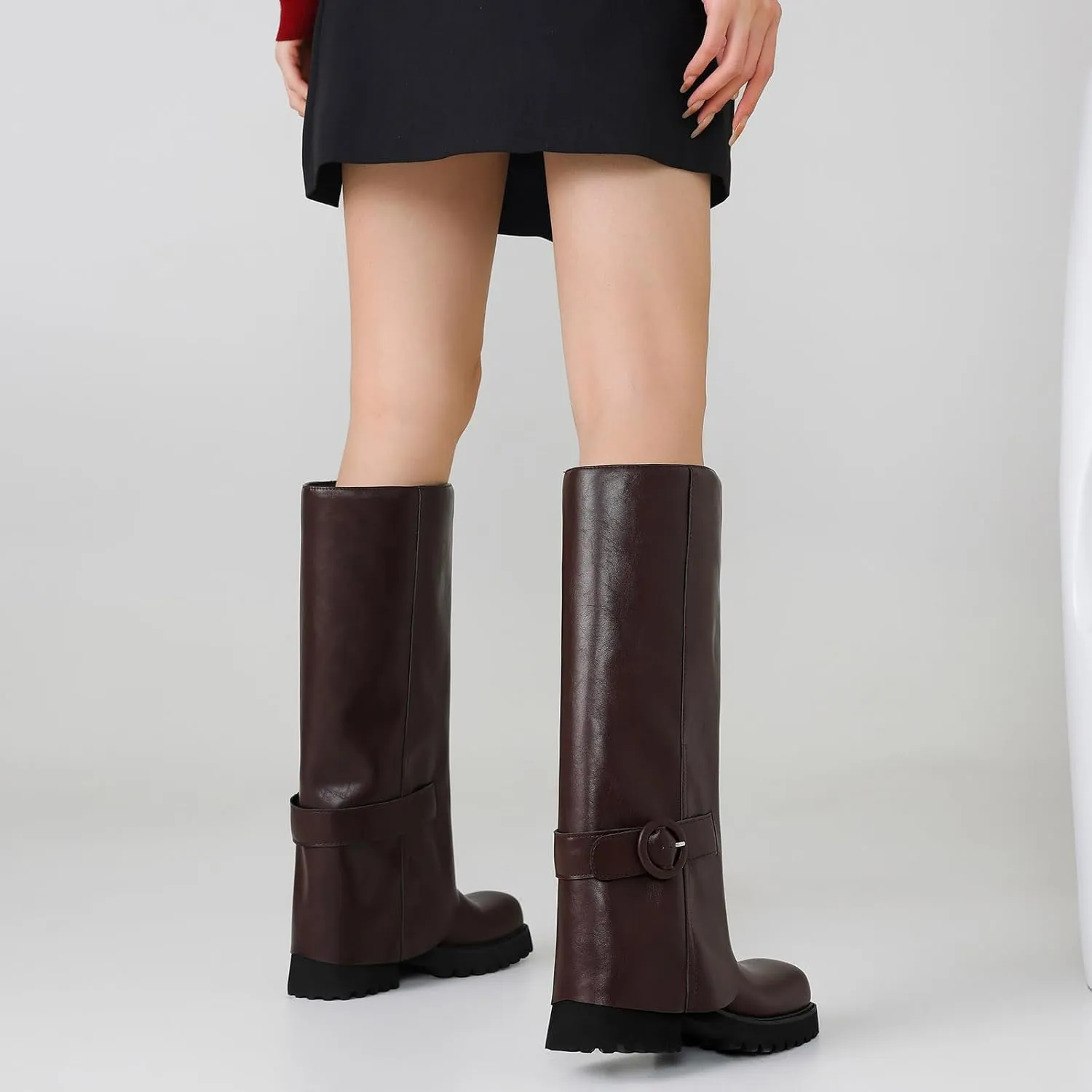 Knee High Boots Women Platform Knee High Boots for Women Square Toe Fold Over Dress Long Tall Boots