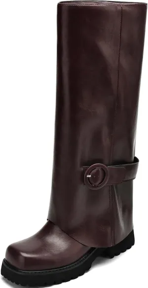 Knee High Boots Women Platform Knee High Boots for Women Square Toe Fold Over Dress Long Tall Boots