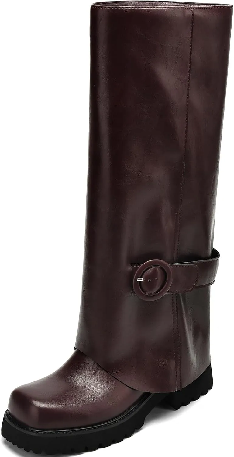 Knee High Boots Women Platform Knee High Boots for Women Square Toe Fold Over Dress Long Tall Boots