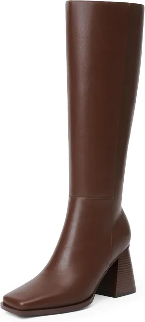 Knee High Boots Women Square Toe Tall Boots Chunky Heel Knee High Fall Boots for Women Block High Heeled Boots Women Side Zipper Long Boots