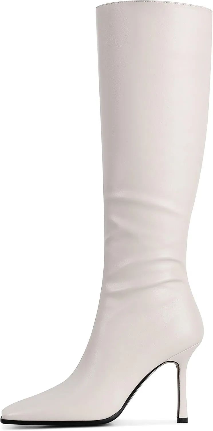 Knee High Boots, Women Thigh High Tall Leather Square Toe 3.74 In Stiletto Heel Sexy Fashion Side Zipper Fall Winter Long Boots