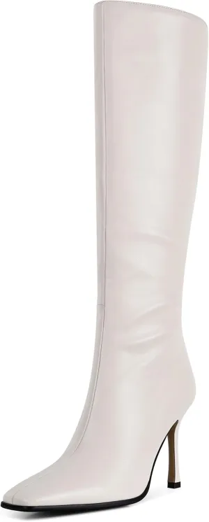Knee High Boots, Women Thigh High Tall Leather Square Toe 3.74 In Stiletto Heel Sexy Fashion Side Zipper Fall Winter Long Boots