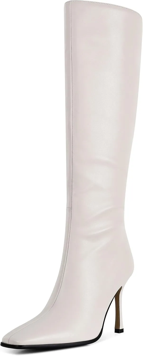 Knee High Boots, Women Thigh High Tall Leather Square Toe 3.74 In Stiletto Heel Sexy Fashion Side Zipper Fall Winter Long Boots
