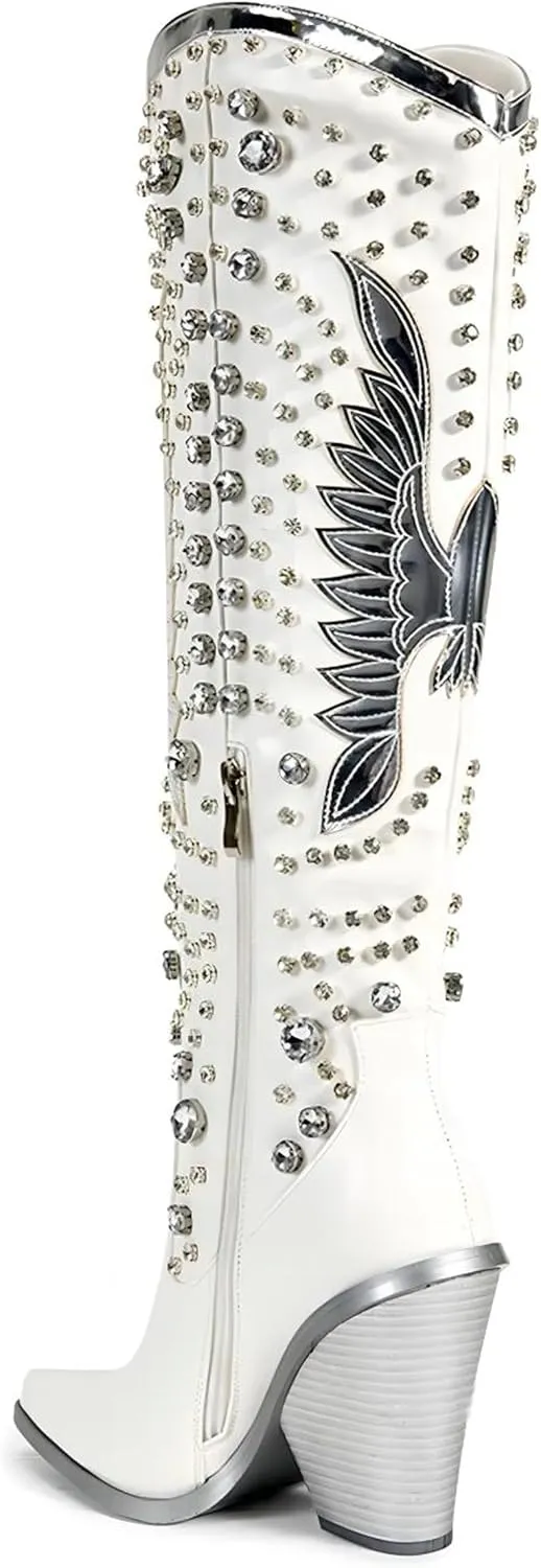 Knee High Cowboy Boots for Women Sizd Zipper Glitter Rhinestone Western Cowgirl Boots Pointed Toe Chunky High Heels Wide Calf Country Concerts Shoes