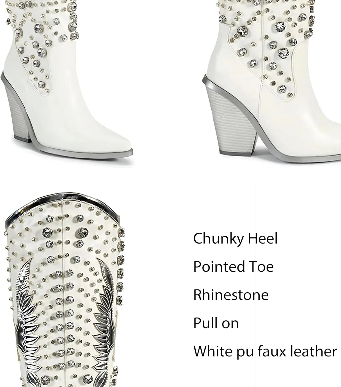Knee High Cowboy Boots for Women Sizd Zipper Glitter Rhinestone Western Cowgirl Boots Pointed Toe Chunky High Heels Wide Calf Country Concerts Shoes