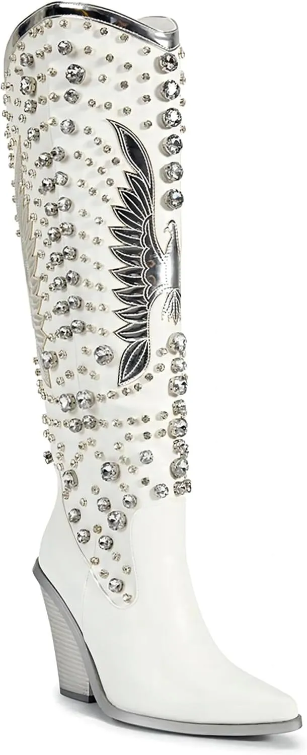 Knee High Cowboy Boots for Women Sizd Zipper Glitter Rhinestone Western Cowgirl Boots Pointed Toe Chunky High Heels Wide Calf Country Concerts Shoes